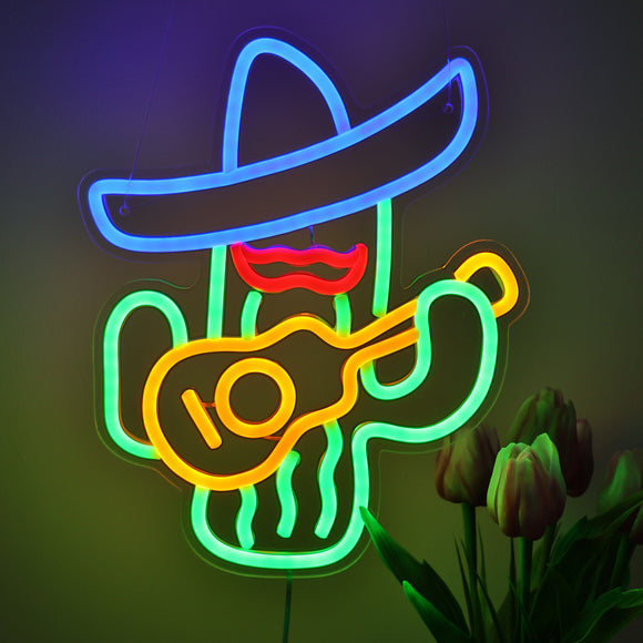 TONGER® Cactus With Cowboy Hat Guitar Wall LED Neon Sign Light