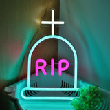 TONGER® Tombstone With R I P Cross Wall LED Neon Sign Light For Halloween Decoration