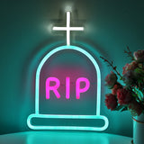 TONGER® Tombstone With R I P Cross Wall LED Neon Sign Light For Halloween Decoration