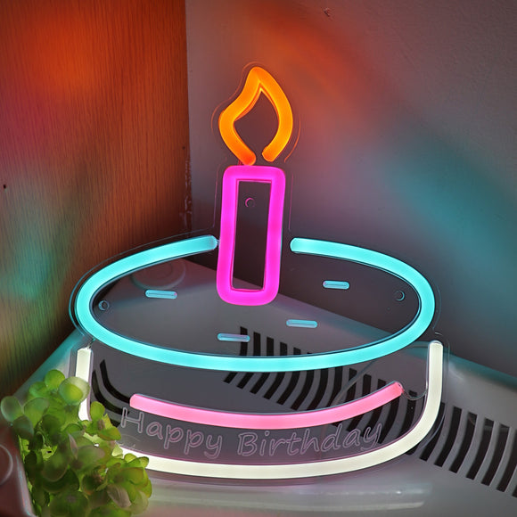 Happy Birthday With Cake Wall LED Neon Sign