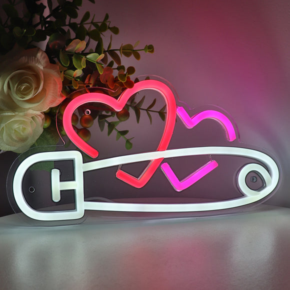 Pin With Double Heart LED Neon Sign Light