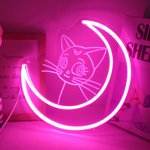 TONGER®Pink Moon With Cat LED Neon Wall Sign