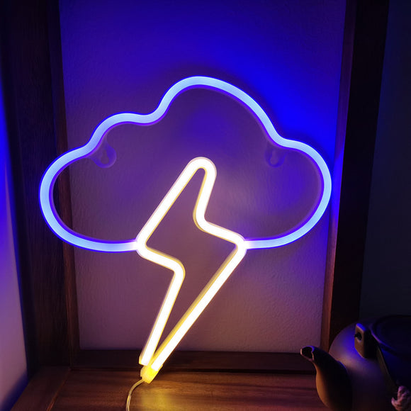 TONGER® Blue & Warm White Cloud With Lightning Wall LED Neon Light Sign